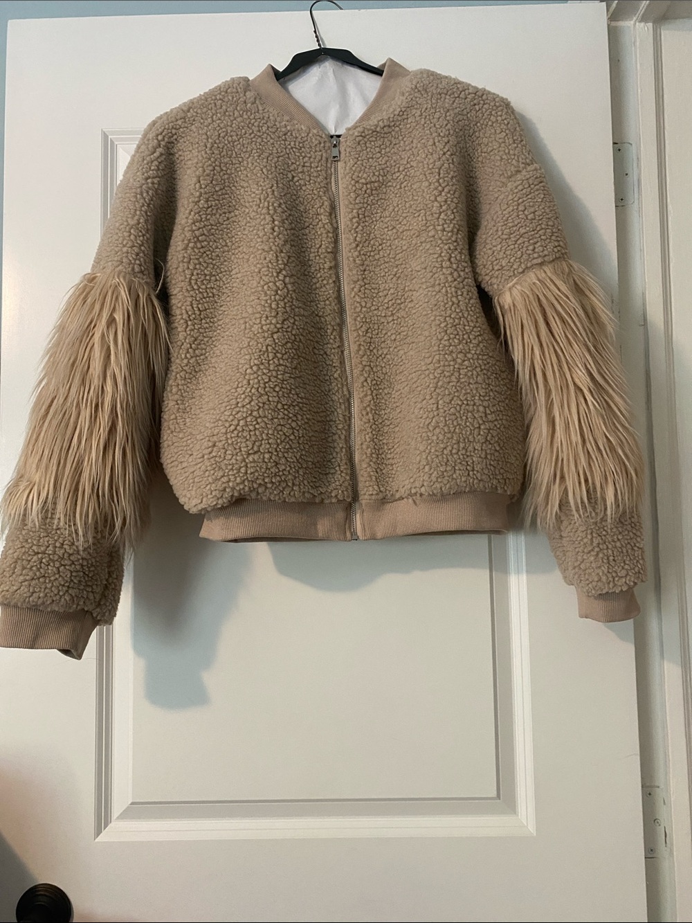 Beige Faux-Sherpa Bomber Jacket with Faux-Fur Trim Sleeves